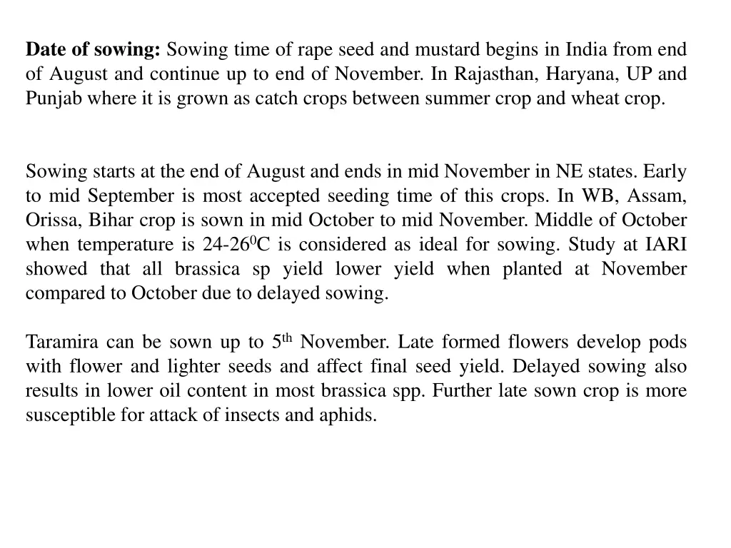 date of sowing sowing time of rape seed