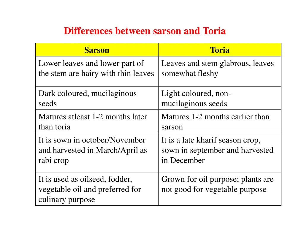 differences between sarson and toria