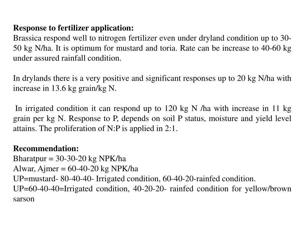 response to fertilizer application brassica