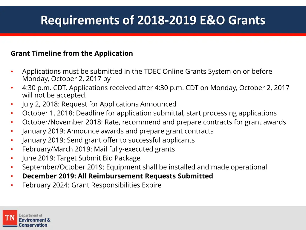 requirements of 2018 2019 e o grants