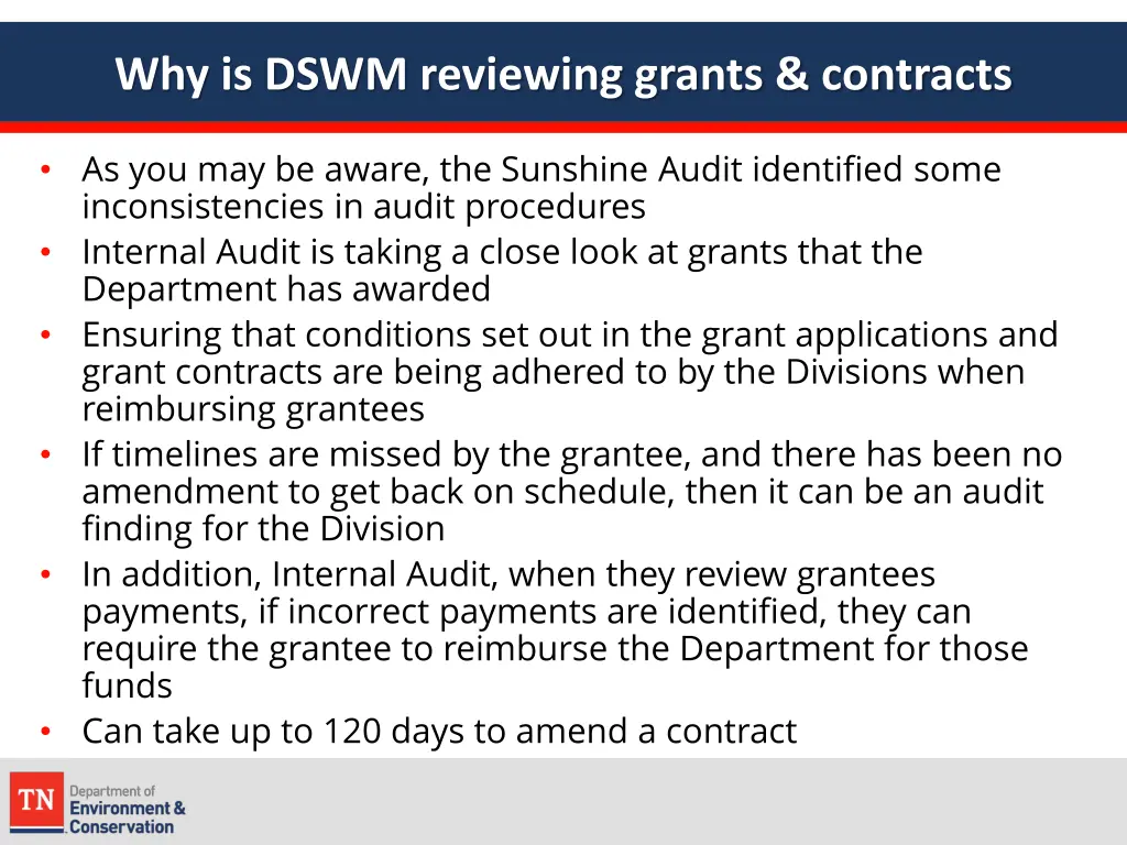 why is dswm reviewing grants contracts