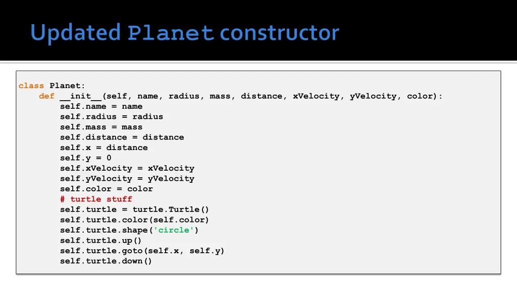 class planet def init self name radius mass