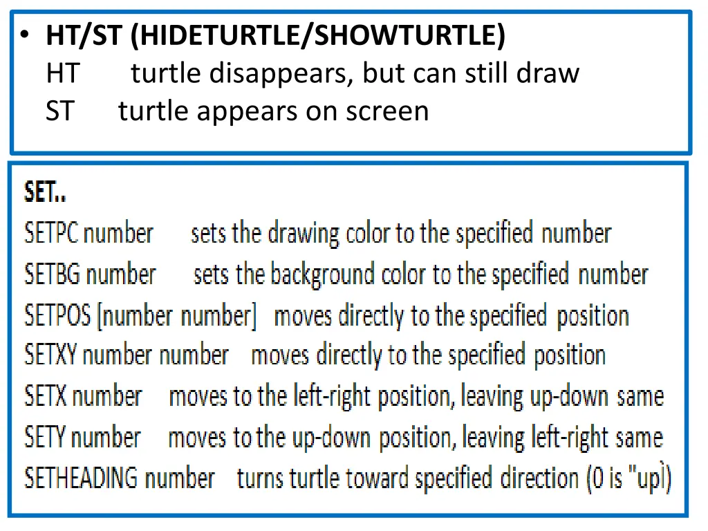 ht st hideturtle showturtle ht turtle disappears