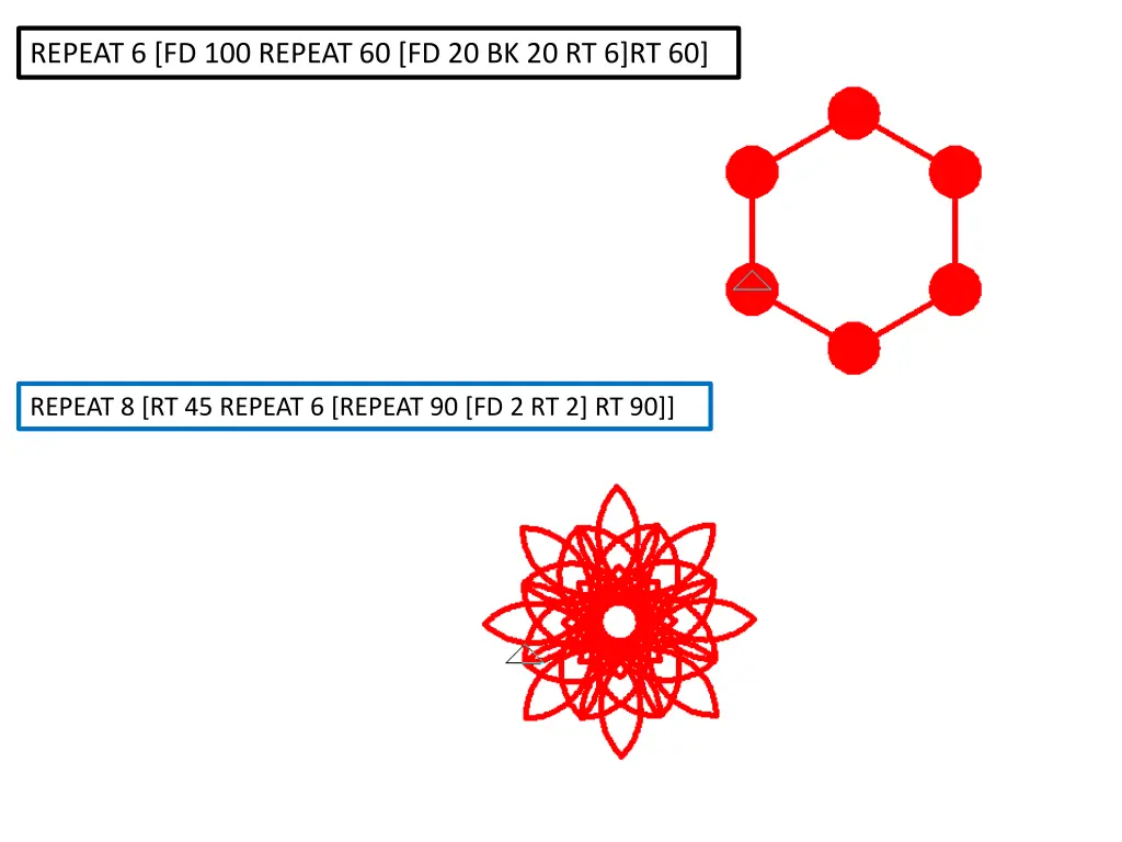 repeat 6 fd 100 repeat 60 fd 20 bk 20 rt 6 rt 60