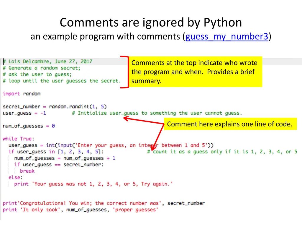 comments are ignored by python an example program