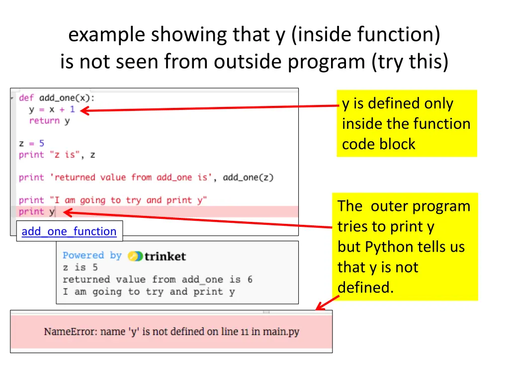 example showing that y inside function