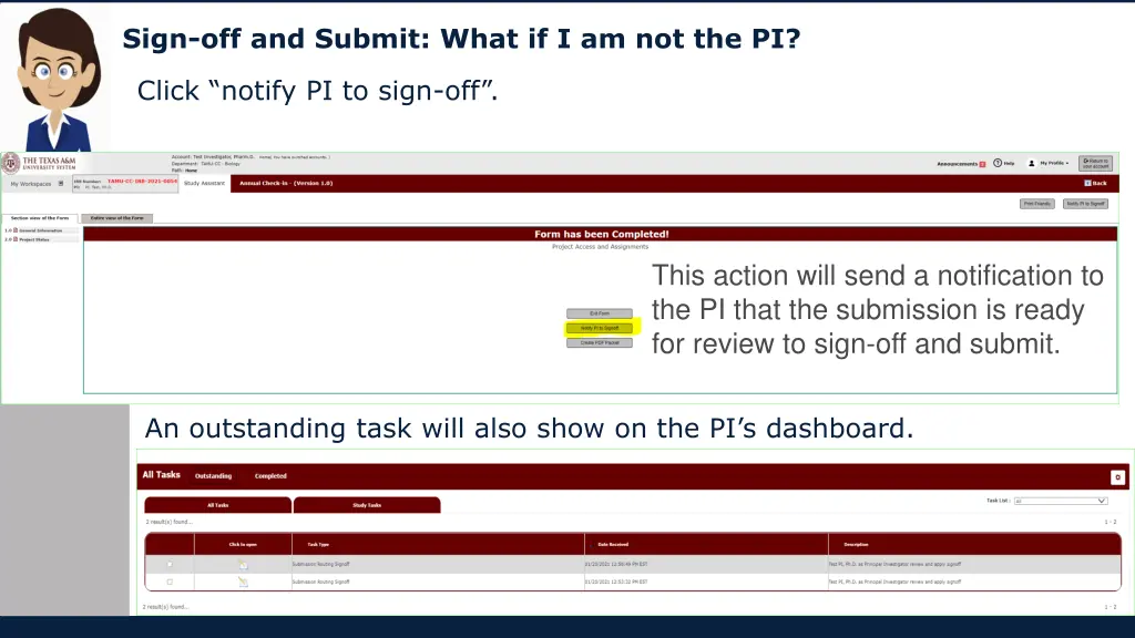 sign off and submit what if i am not the pi