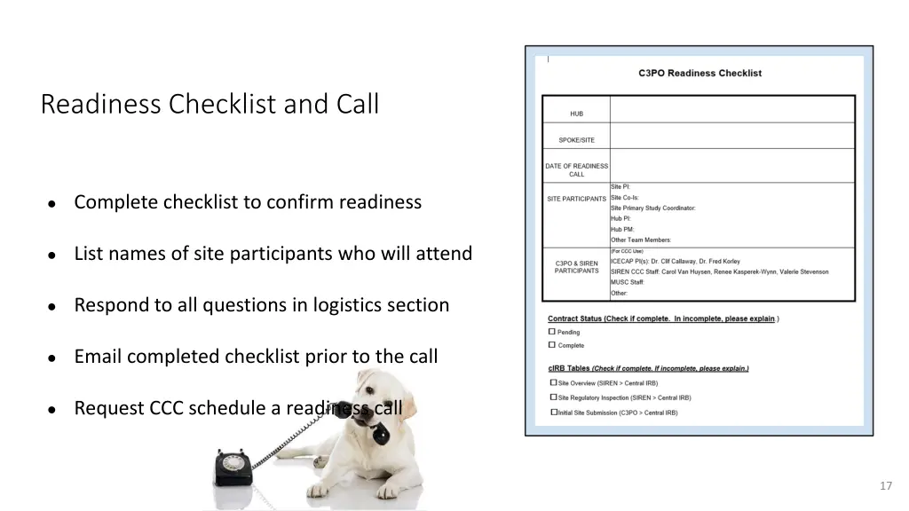 readiness checklist and call