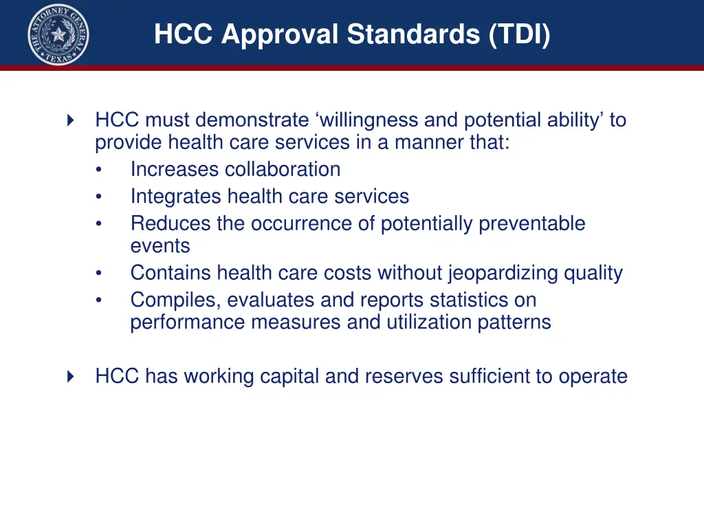 hcc approval standards tdi