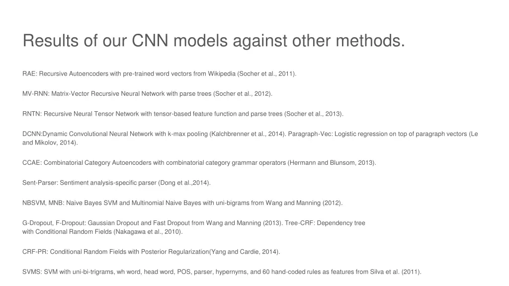 results of our cnn models against other methods