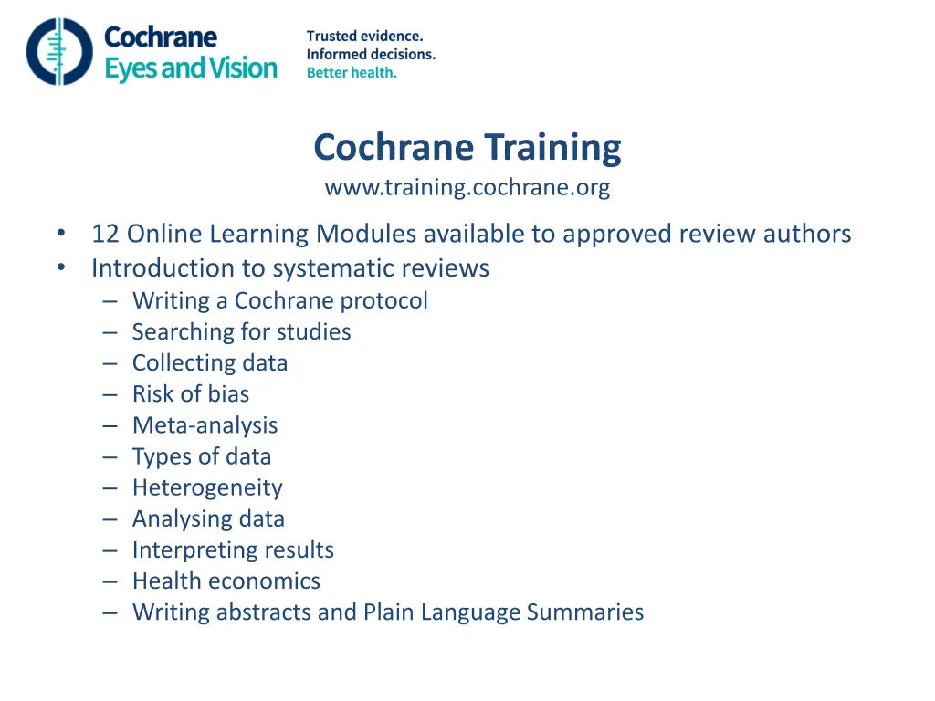 cochrane training www training cochrane org