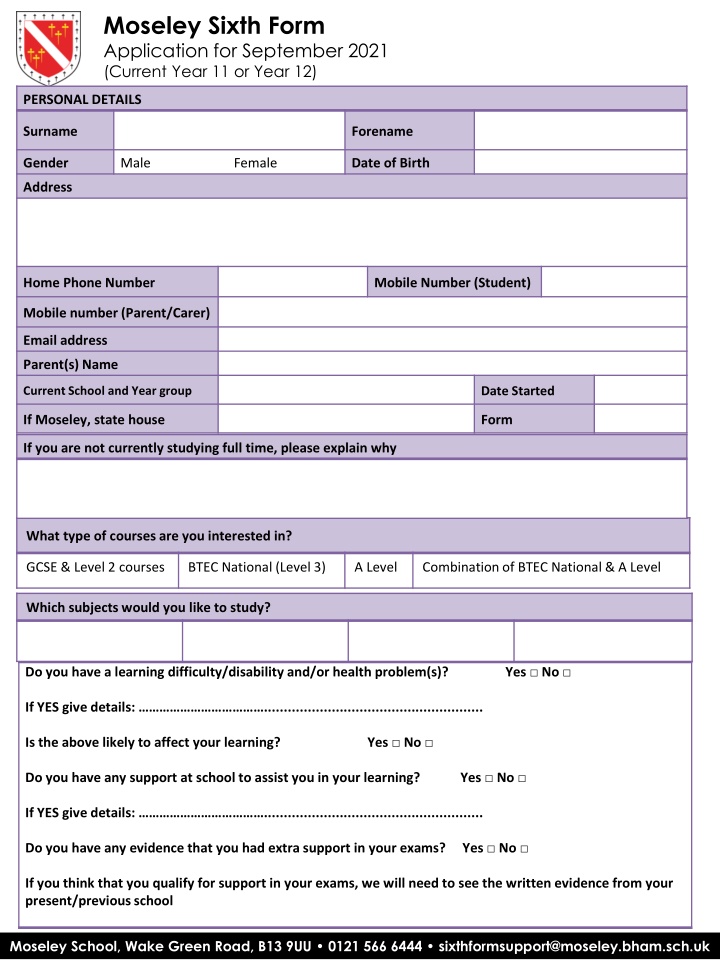 moseley sixth form application for september 2021