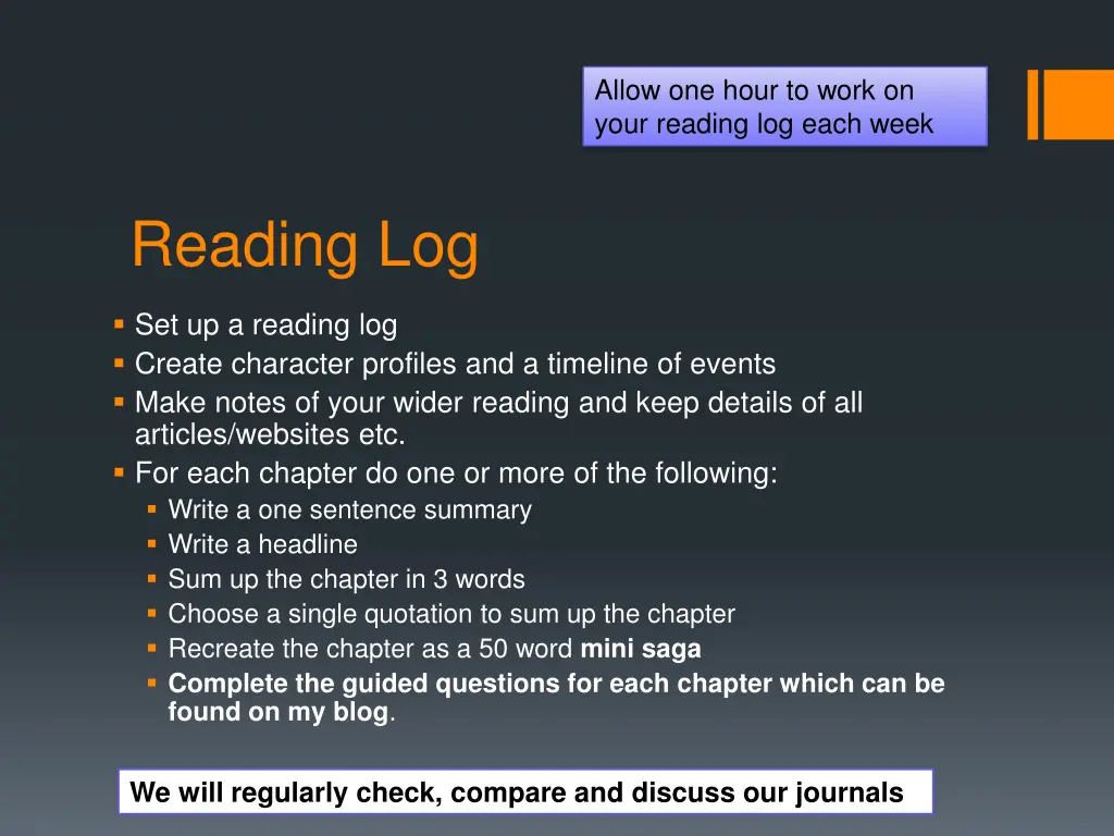 allow one hour to work on your reading log each