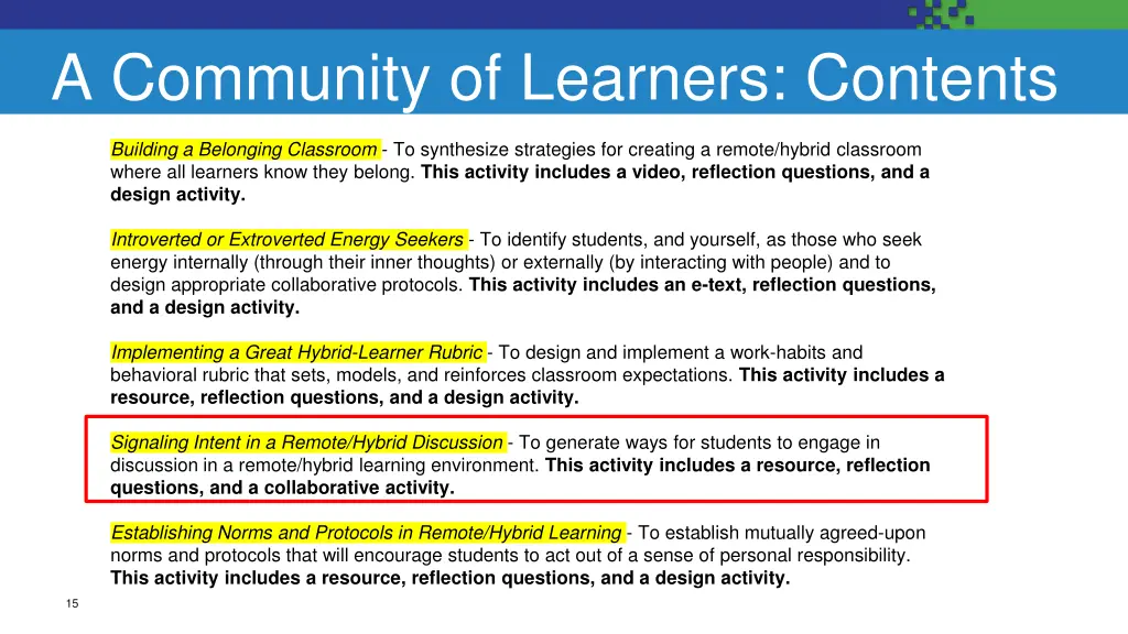 a community of learners contents