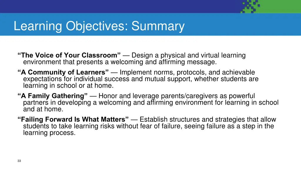 learning objectives summary