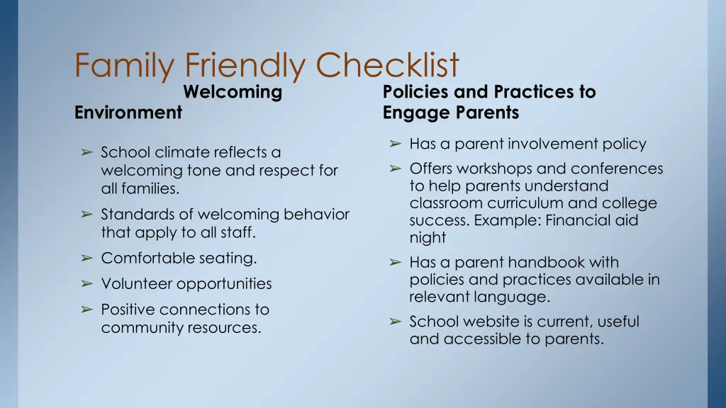 family friendly checklist welcoming environment