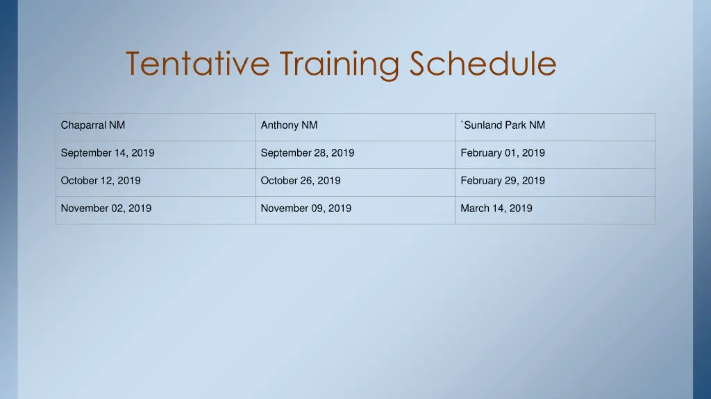 tentative training schedule