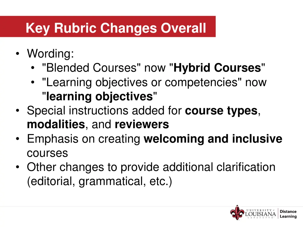 key rubric changes overall