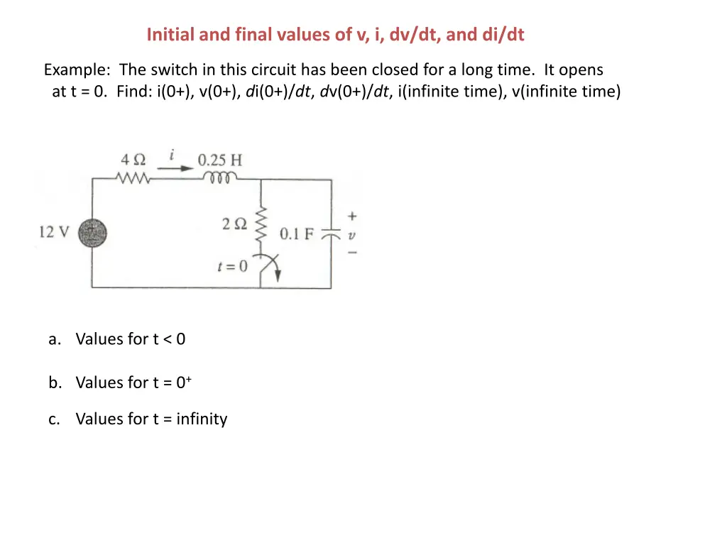 initial and final values of v i dv dt and di dt