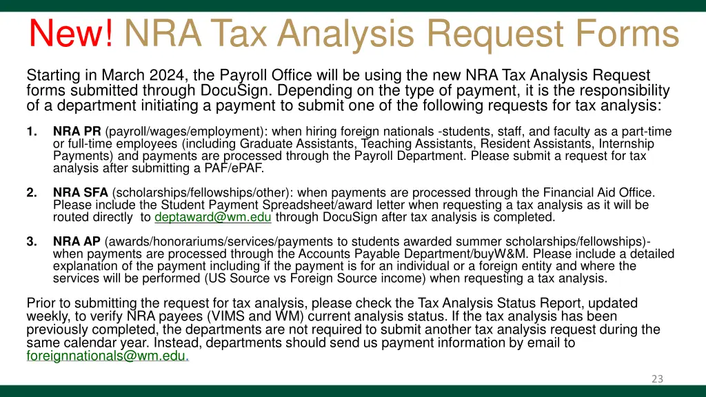 new nra tax analysis request forms