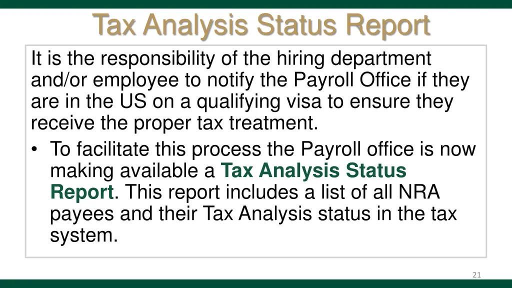 tax analysis status report