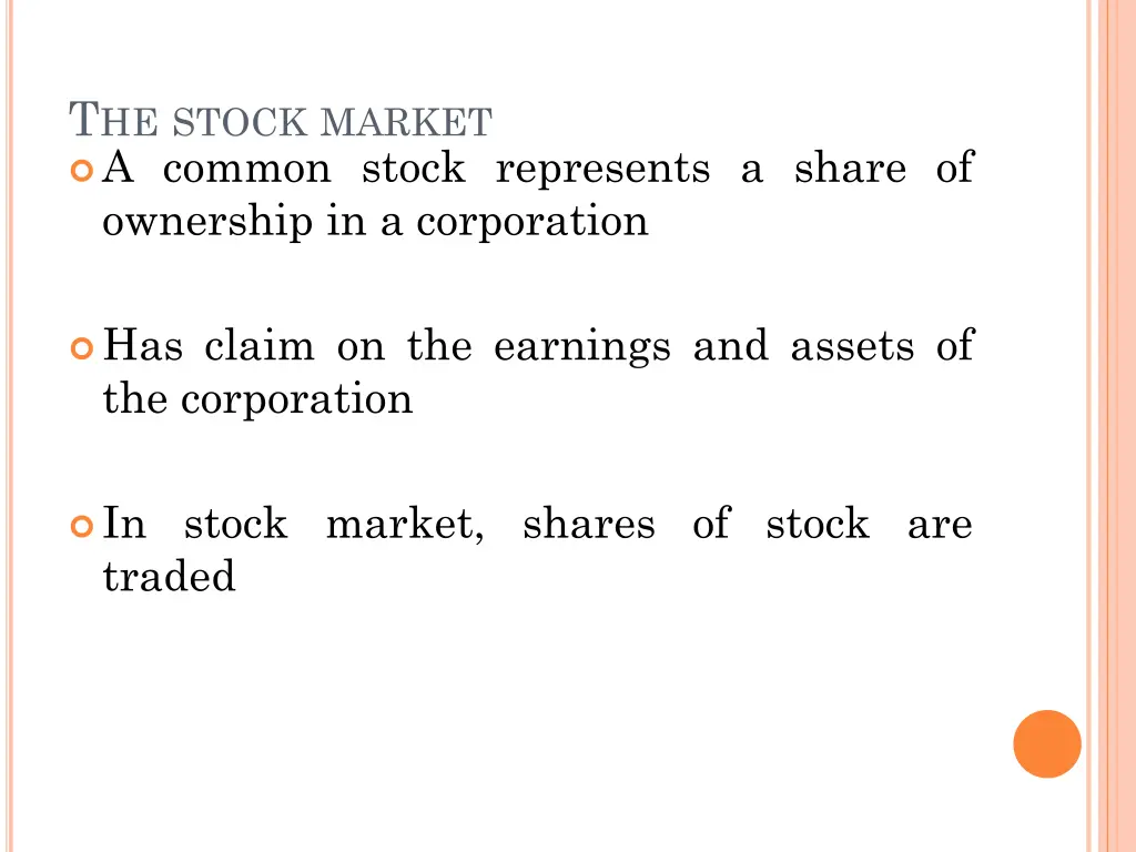 t he stock market a common stock represents