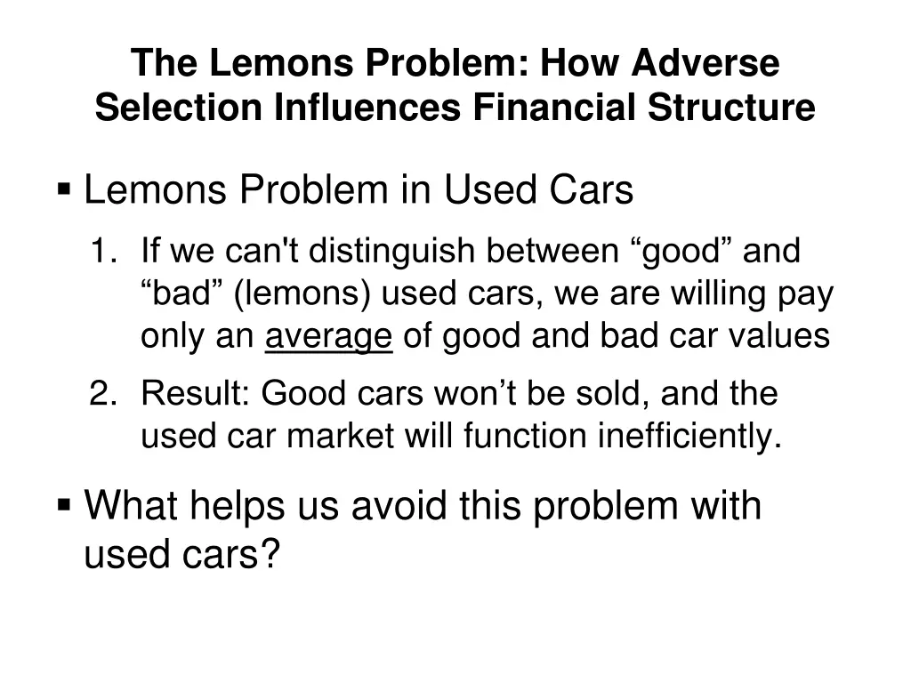 the lemons problem how adverse selection