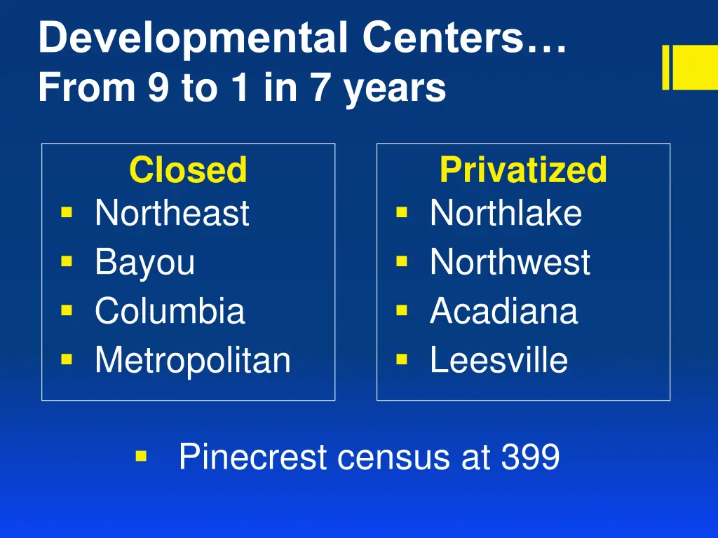 developmental centers from 9 to 1 in 7 years