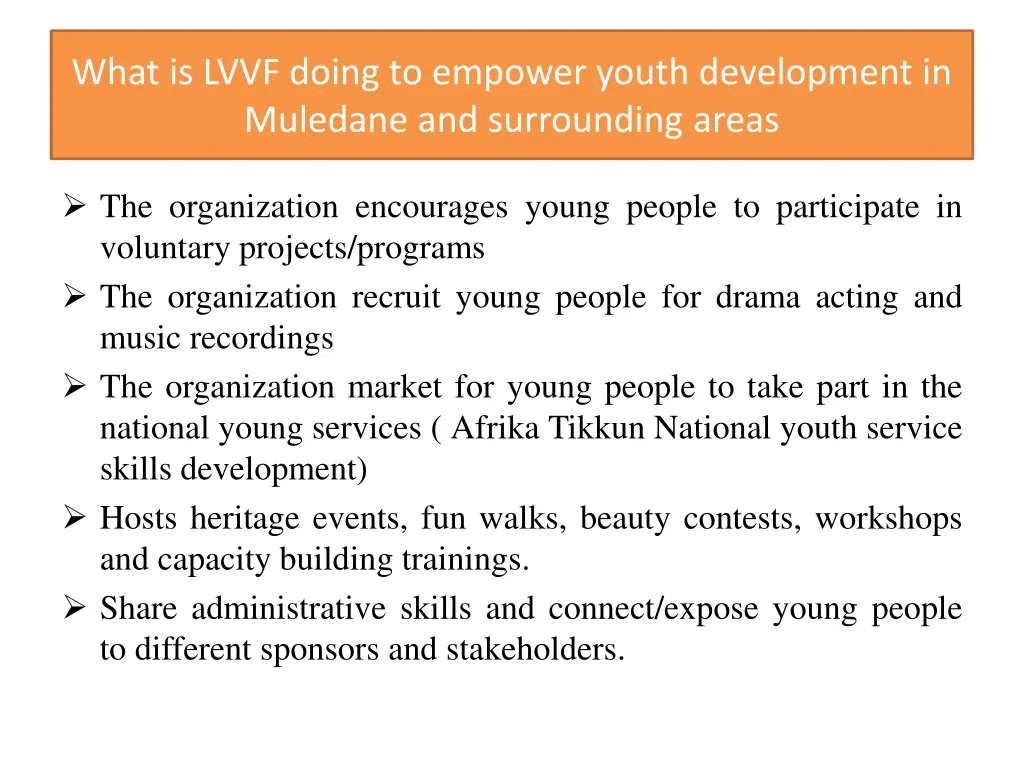 what is lvvf doing to empower youth development