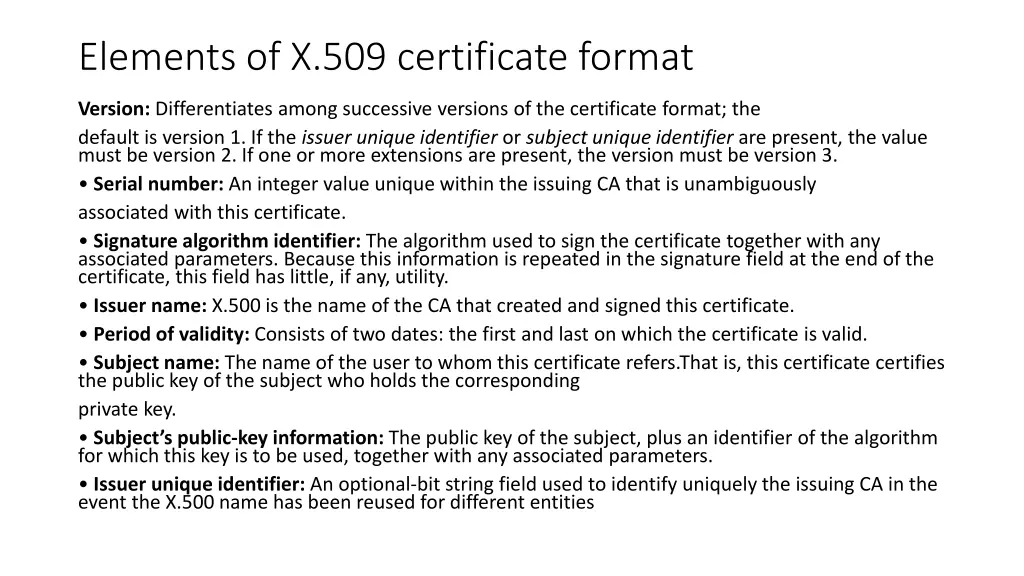 elements of x 509 certificate format