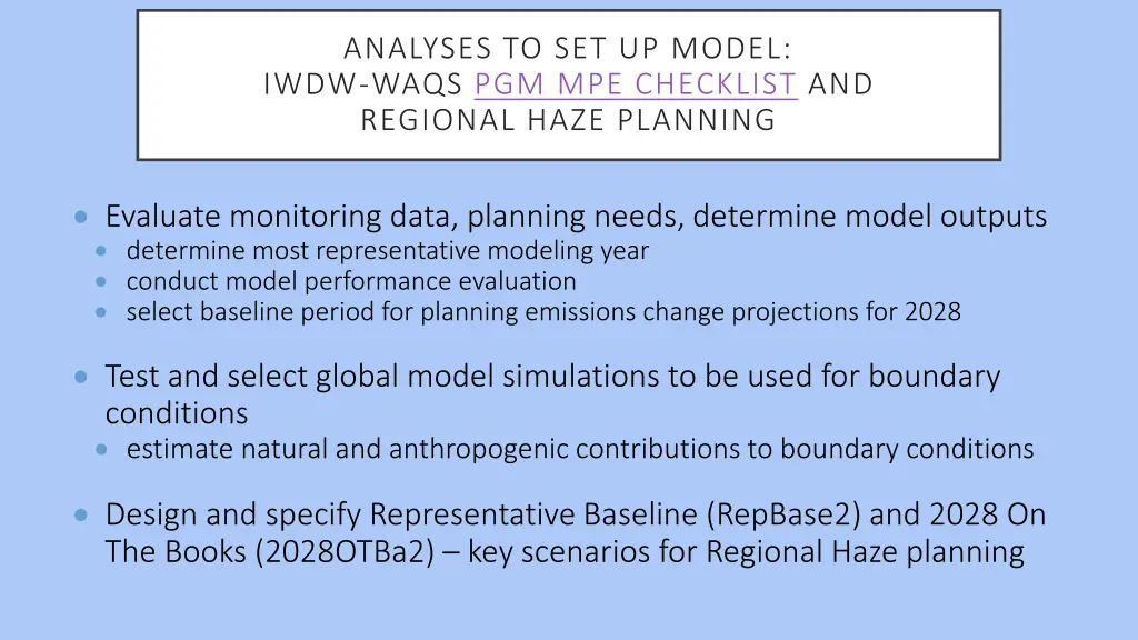 analyses to set up model iwdw waqs