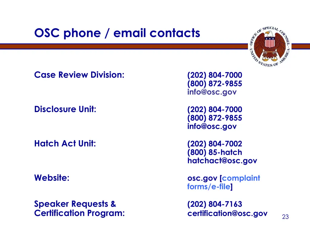 osc phone email contacts