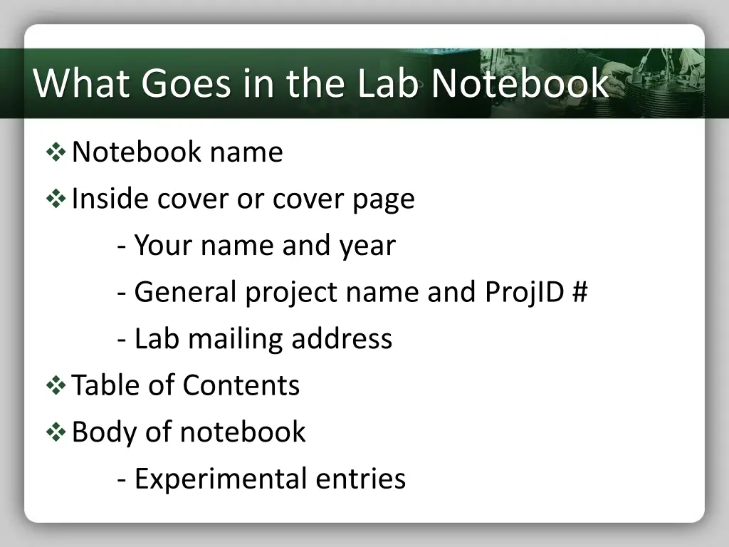 what goes in the lab notebook