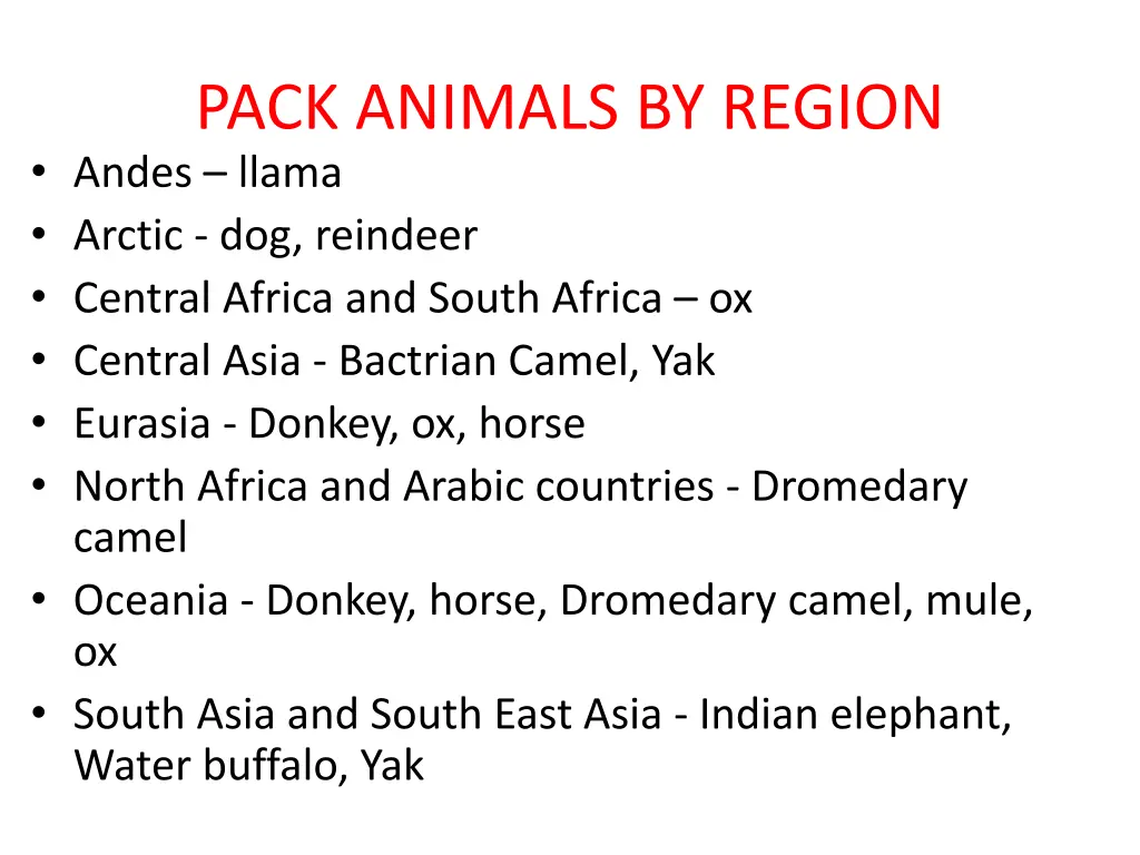 pack animals by region andes llama arctic