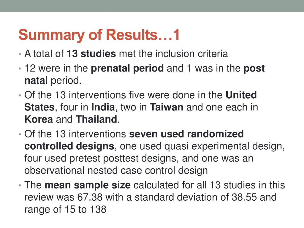 summary of results 1 a total of 13 studies