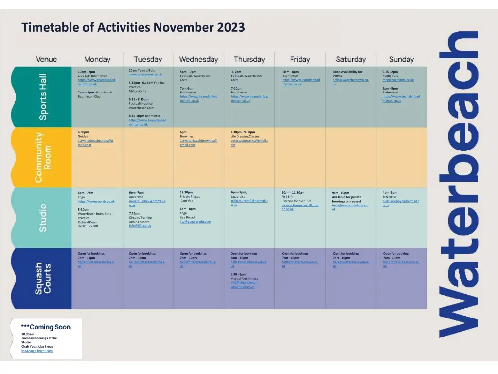 timetable of activities november 2023