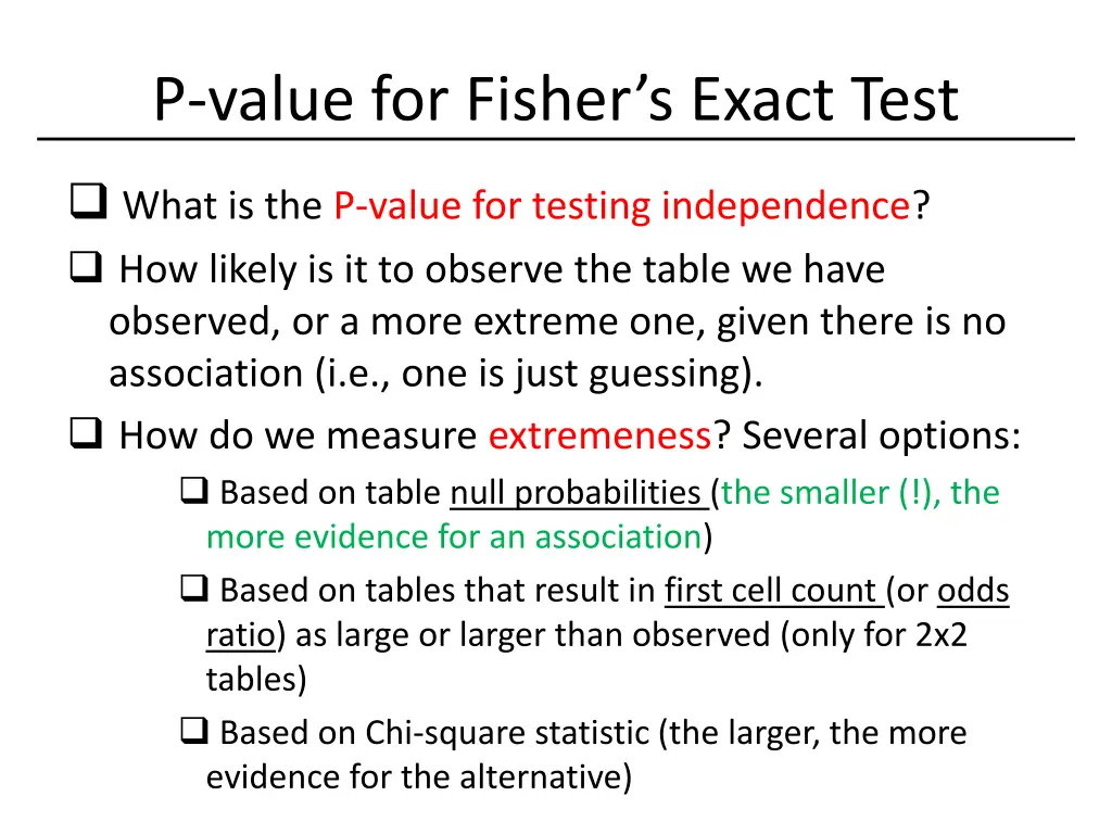 p value for fisher s exact test