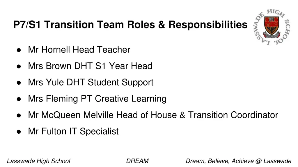 p7 s1 transition team roles responsibilities