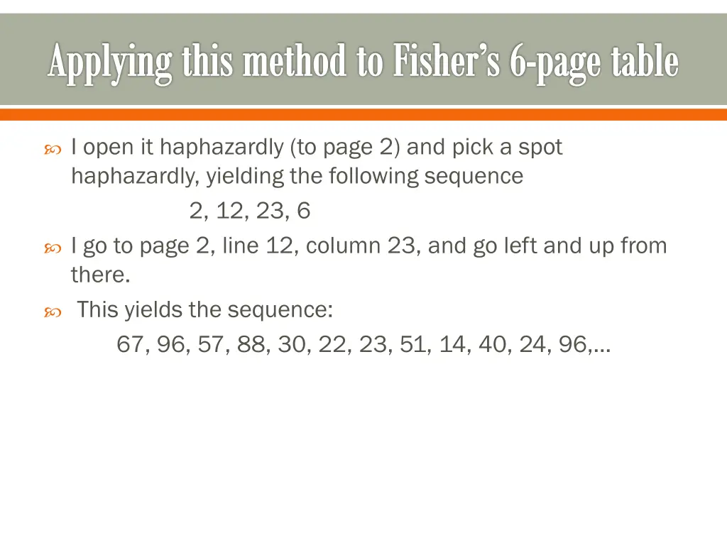 applying this method to fisher s 6 page table