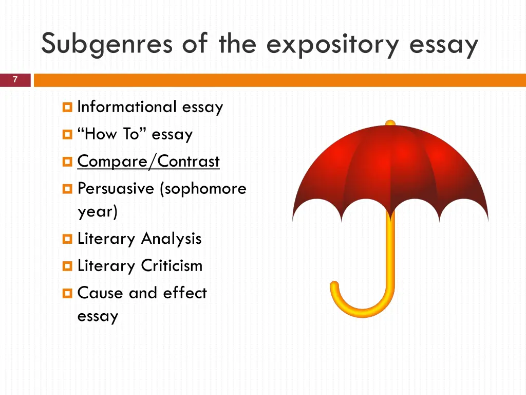 subgenres of the expository essay