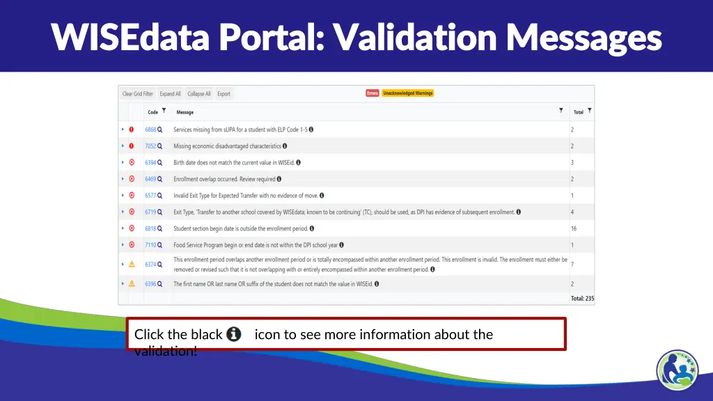 wisedata portal validation messages wisedata