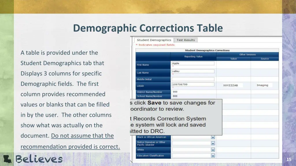 demographic corrections table