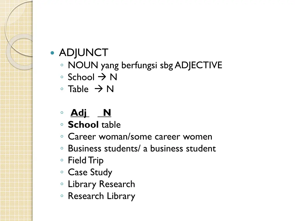 adjunct noun yang berfungsi sbgadjective school