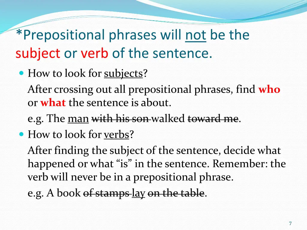 prepositional phrases will not be the subject