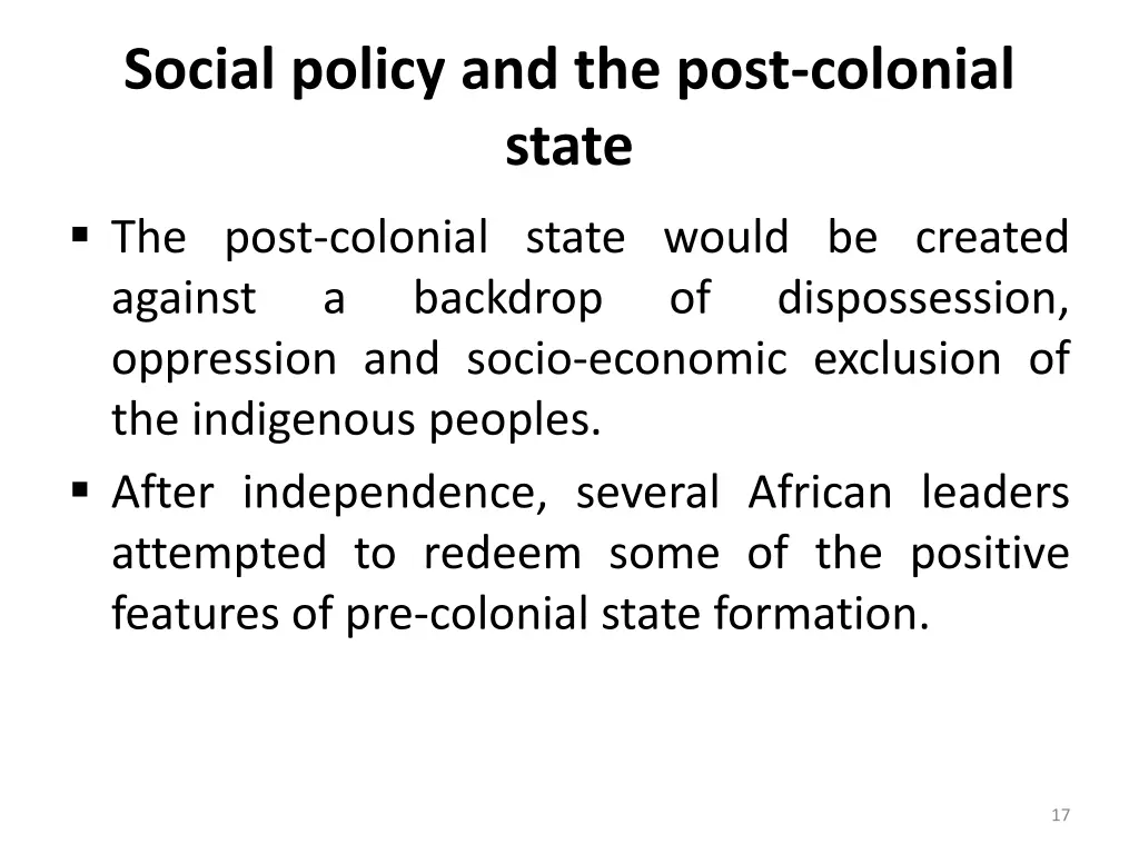 social policy and the post colonial state