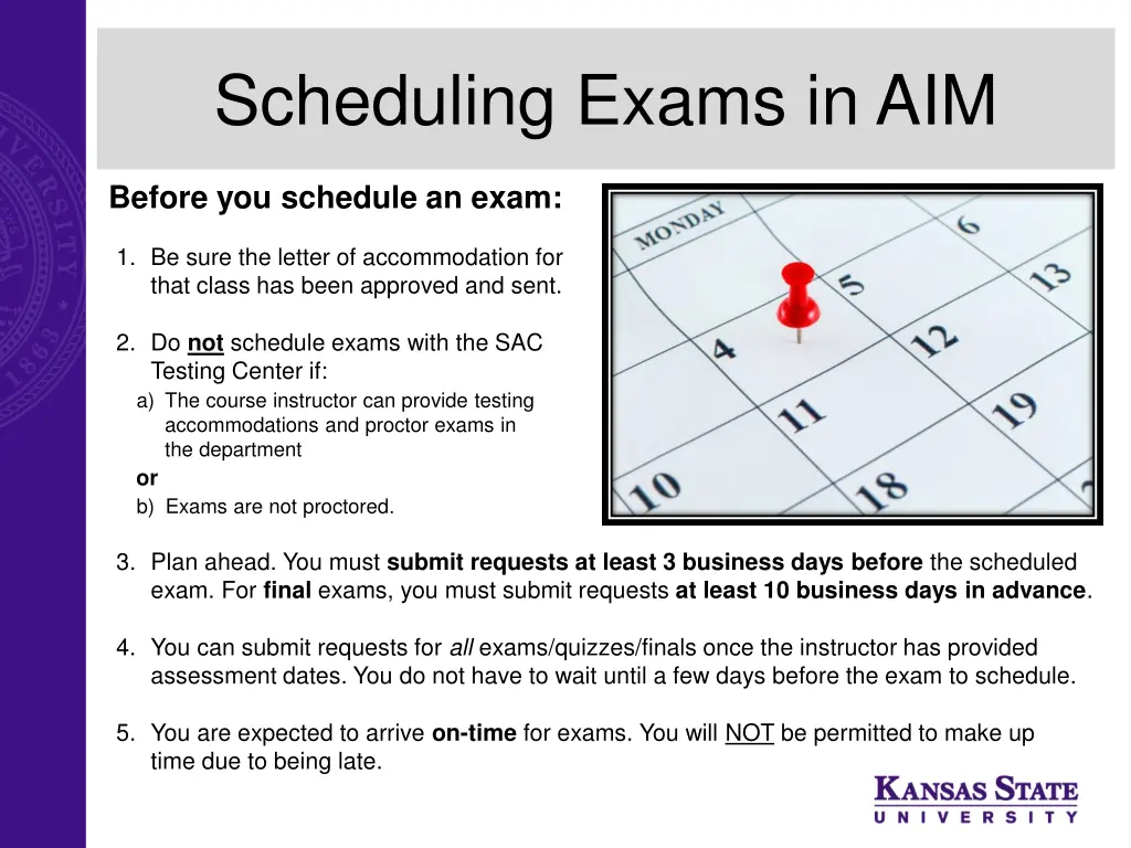 scheduling exams in aim