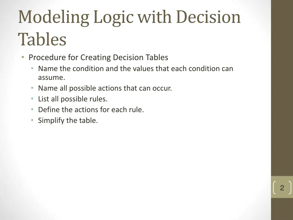 modeling logic with decision tables procedure