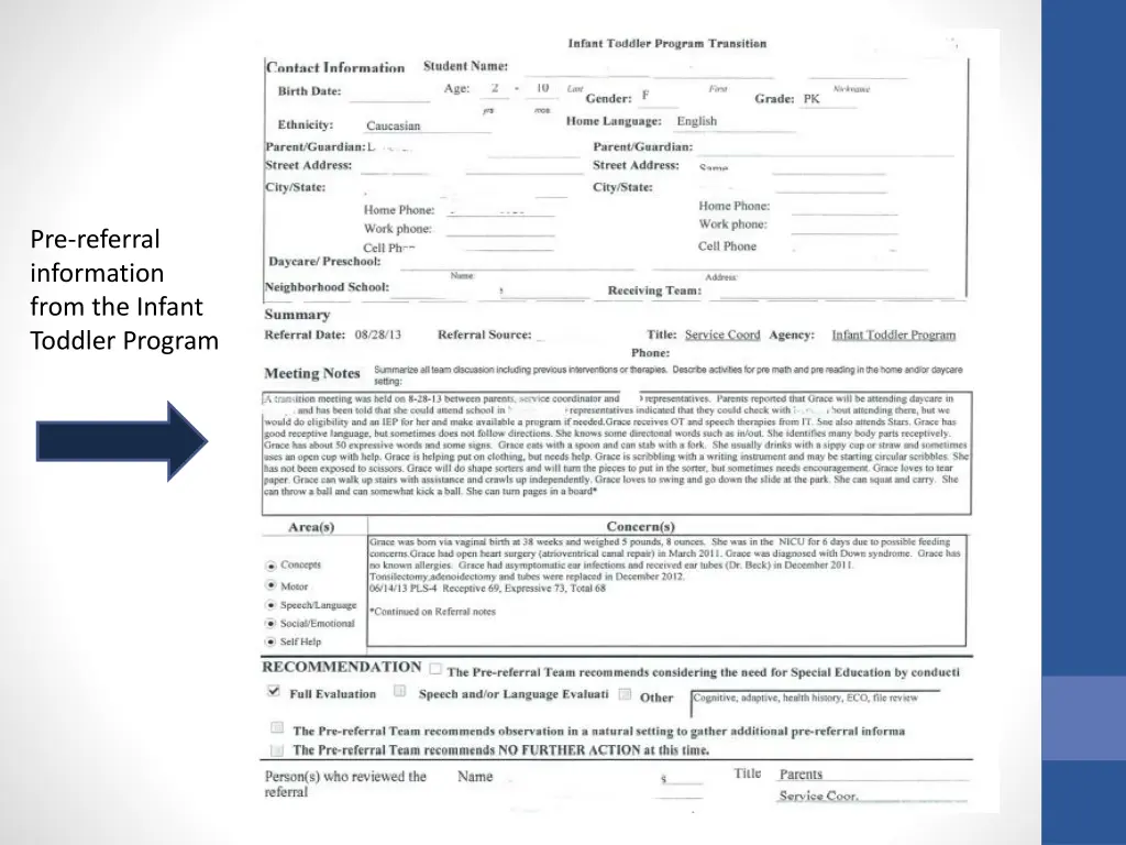 pre referral information from the infant toddler