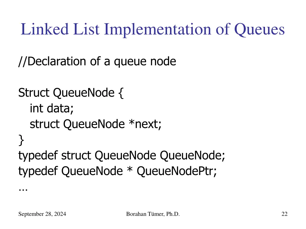 linked list implementation of queues