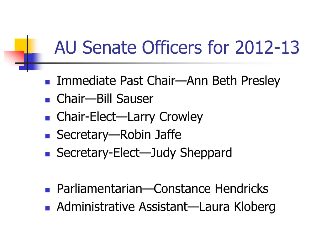 au senate officers for 2012 13